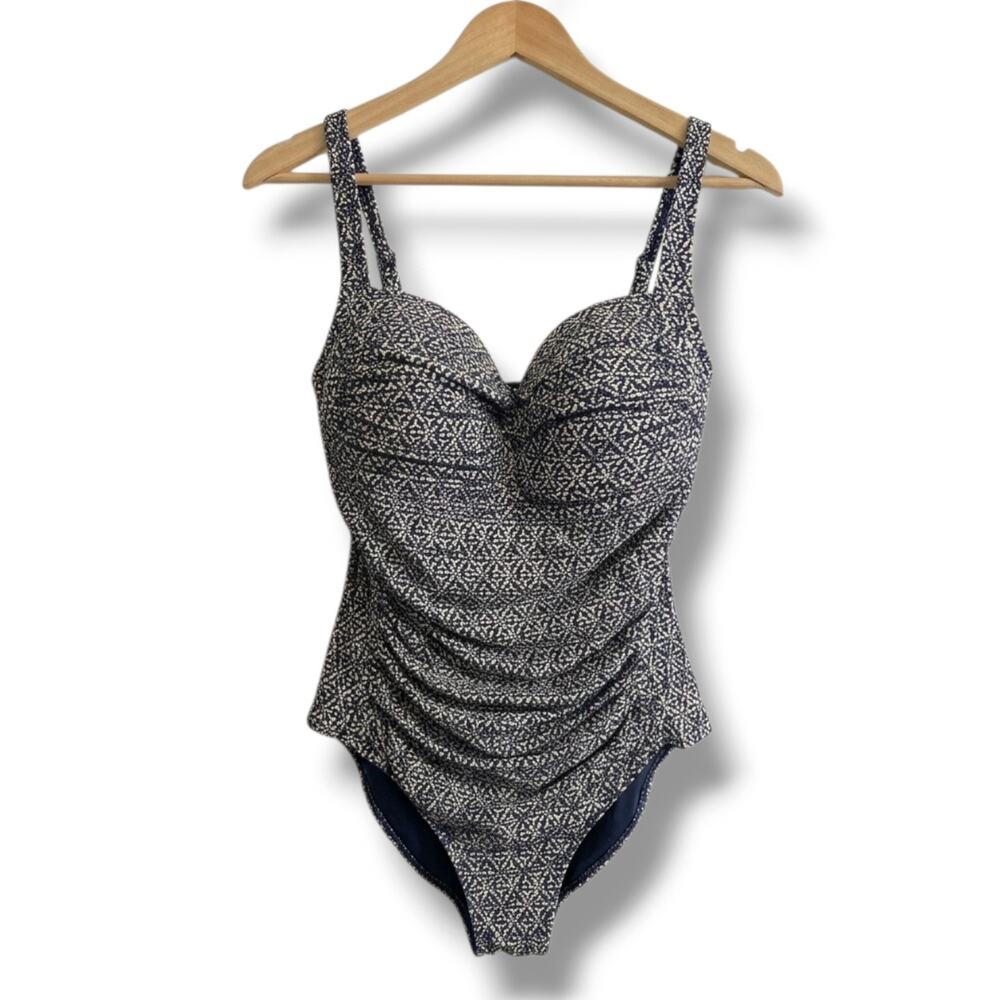 Nip Tuck Swim One Piece Swimsuit Women US 8 Blue Print Ruched Multi Fit Cup
